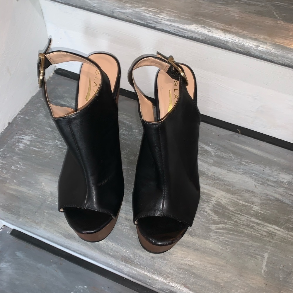 Glaze Platform Wedge Slingback peep toe Sandals Brown and Black size 8 - Picture 4 of 11